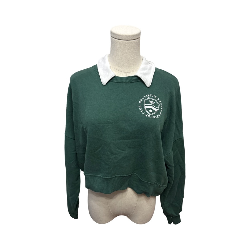 Hollister Green Cropped Sweatshirt with White Collar - size S